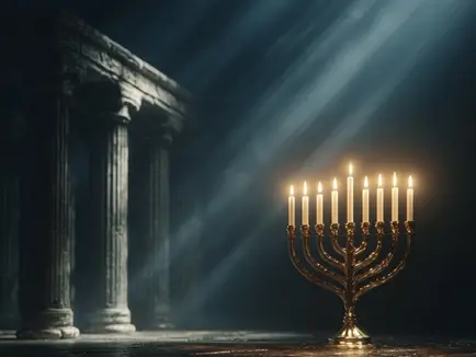A golden Chanukah menorah with nine burning candles stands alone in the center of a dark, ancient temple interior. Dramatic beams of ethereal blue-white light stream down from above, illuminating the menorah and casting long, radiant rays across the scene. Tall classical columns rise in the shadowy background, symbolizing the eternal triumph of light over darkness and the spiritual victory of Chanukah.