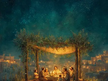 A vibrant nighttime scene depicts a family gathered inside a sukkah adorned with lush green branches, illuminated by warm candlelight. The sukkah is set against a starry sky and a backdrop of an ancient, glowing cityscape. The family, dressed in traditional attire, sits around a table filled with food, sharing a joyful meal, with a basket of bread and a serene atmosphere enhancing the festive mood.