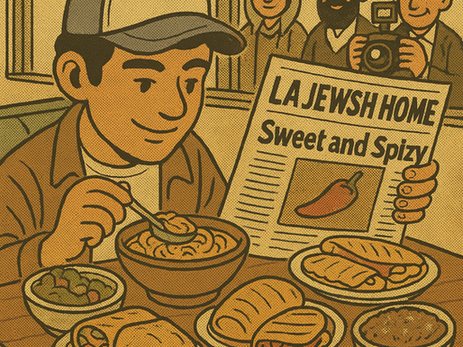 A cheerful young man in a baseball cap sits at a restaurant table, spooning steaming pozole from a bowl while holding the LA Jewish Home newspaper featuring a “Sweet and Spizy” headline with a chili pepper illustration. The table is laden with kosher Mexican dishes: tacos, quesadillas, a burrito, beans, guacamole, and elote. In the background, three smiling onlookers—a woman with glasses, a bearded man, and a photographer with a camera—watch the scene in a warm, sepia-toned, retro-style illustration.