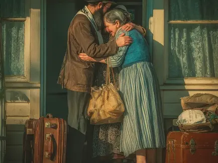 An elderly Jewish widow in a headscarf and long dress tearfully embraces a young religious couple on the sunlit wooden porch of her modest home. The husband, wearing a black hat and tallit katan, bends down to hug her tightly while the wife joins the embrace. Vintage suitcases and travel bags sit beside them, symbolizing their urgent journey. Warm golden afternoon light bathes the emotional scene of reconciliation and forgiveness.