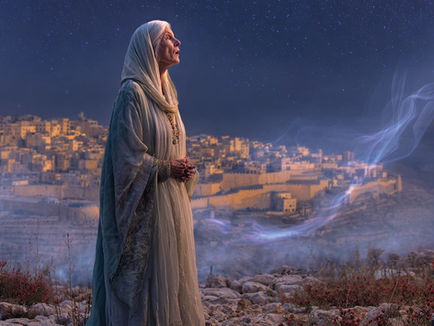 Elderly biblical matriarch Sarah, in flowing white and teal robes, stands on a rocky hill overlooking ancient Hebron at night, hands clasped in anguish, gazing upward as ethereal smoke-like wisps rise toward a starry sky, with red anemones blooming among stones in the foreground.