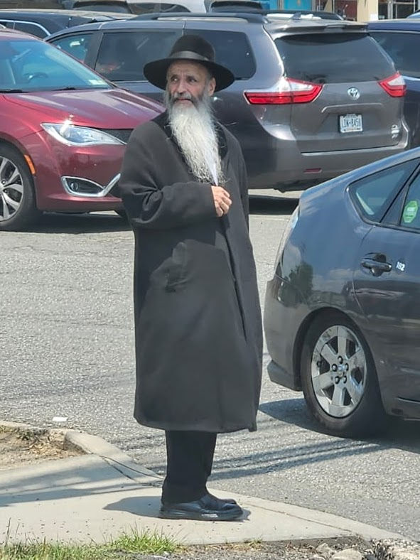 An older man with a long white beard wearing a black coat and wide-brimmed black hat stands on a sidewalk near a parking lot filled with vehicles. He is looking to the side with a slightly concerned expression. The setting appears to be a sunny day in an urban or suburban area.