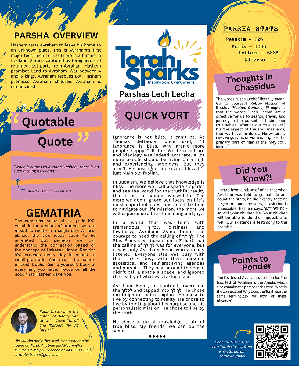 A vibrant, colorful infographic titled "Torah Sparks" for Parshas Lech Lecha. Key sections include a "Parsha Overview" summarizing Avraham’s journey, a "Quick Vort" on ignorance vs. bliss, "Thoughts in Chassidus" on the soul’s pursuit of self, "Did You Know?" about counting stars, and "Points to Ponder" on Lech Lecha as a test of truth. Features bold Hebrew text, gematria (לך לך = 100), a photo of Rabbi Ori Strum, and a QR code linking to Torah classes. Dynamic design with flames, stars, and orange-blue gradients.