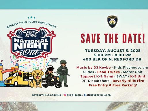A vibrant digital flyer for the Beverly Hills National Night Out event, scheduled for Tuesday, August 5, 2025, from 5:00 PM to 8:00 PM. The design features images of BHPD K-9 units, SWAT vehicles, food trucks, and family activities like slides and face painting. Text highlights the location at the 400 block of North Rexford Drive, free parking at Rexford/Civic Center after 5:00 PM, a 6:00 PM live police motor demonstration, and participation from BHPD, Fire Department, and other city departments. The "K-90210" theme and website (beverlyhills.org/1351/national-night-out) are included, with a festive, community-focused layout.