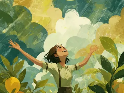 A joyful scene under a sunny sky shows a person appreciating blooming flowers, finding light breaking through a stormy cloud, and smiling with outstretched arms. Surrounding them are symbols of growth like lemons turning to lemonade and a vibrant rainbow, all depicted in warm, detailed, uplifting tones.