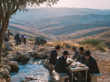 A group of Orthodox Jewish men sit at a stone picnic table enjoying a meal beside a natural spring in the Judean hills. Behind them, a rugged Land Rover is parked on a rocky dirt path as more men walk toward the scene. The golden hills stretch endlessly into the horizon under a soft afternoon sun, casting a serene and spiritual glow over the landscape.