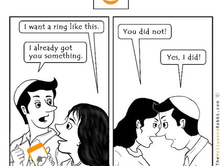 A two-panel black-and-white comic strip titled "Shalom Bayit" with an orange logo at the top. In the first panel, a woman with long hair shows a man wearing a kippah a ring on her phone, saying, "I want a ring like this." The man responds, "I already got you something." In the second panel, the woman, now angry, glares at the man and says, "You did not!" while the man, also upset, retorts, "Yes, I did!" The comic, created by "TheJewishRabbi.com," humorously depicts a marital disagreement over a gift, emphasizing the theme of peace in the home.