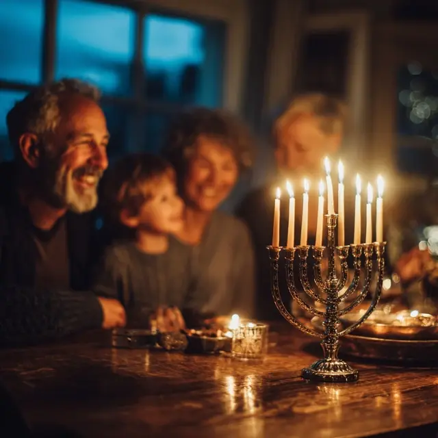 A multi-generational Jewish family gathered around a glowing brass Chanukah menorah on a wooden table in a cozy, dimly lit living room at twilight. The grandfather with a white beard smiles warmly, a young child looks up in wonder, and the grandmother beams with joy as the nine candles burn brightly. Soft golden light illuminates their faces and the flickering flames, creating a warm, intimate atmosphere of celebration and togetherness.