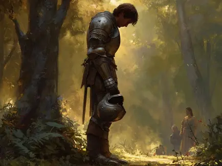 A medieval knight in full armor stands in a sun-dappled forest, holding his helmet at his side and looking down solemnly. Warm sunlight filters through the tall trees, casting a soft glow on the mossy path. In the background, two figures—one adult and one child—stand observing from a distance. The scene evokes a quiet moment of reflection or humility in a fantasy setting.
