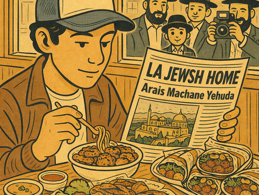 Illustrated scene in warm golden tones: a young man in a baseball cap sits at a wooden table in a cozy Jewish deli, happily eating falafel and hummus from a bowl with a fork. In front of him lies an open copy of The LA Jewish Home newspaper with the headline “Arais Machane Yehuda” and a photo of Jerusalem’s Old City. Behind him, a group of smiling bearded men in black hats and suits, one holding a camera, stand together like a joyful crew, evoking community, Israeli street food vibes, and lively kosher dining.