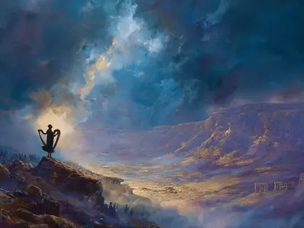 A striking painting depicts a lone figure in a flowing robe standing atop a rocky hill in a vast desert, holding a glowing ancient Torah scroll that emits a warm golden light under a turbulent stormy sky. Below, faint, shadowy outlines of nations with flags (France, Canada, UK) dissolve into mist, symbolizing fleeting support. In the background, a radiant figure of David Hamelech, adorned with a harp, casts a hopeful glow over a resilient Jewish community gathered below. The scene blends ancient Roman ruins with modern European silhouettes, rendered in deep blues, rich golds, and purples, conveying faith and endurance.