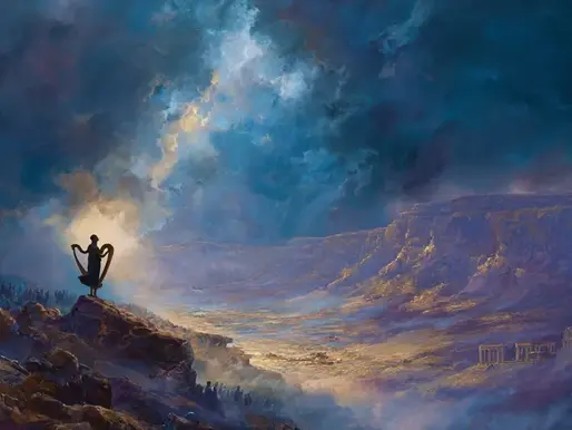 A striking painting depicts a lone figure in a flowing robe standing atop a rocky hill in a vast desert, holding a glowing ancient Torah scroll that emits a warm golden light under a turbulent stormy sky. Below, faint, shadowy outlines of nations with flags (France, Canada, UK) dissolve into mist, symbolizing fleeting support. In the background, a radiant figure of David Hamelech, adorned with a harp, casts a hopeful glow over a resilient Jewish community gathered below. The scene blends ancient Roman ruins with modern European silhouettes, rendered in deep blues, rich golds, and purples, conveying faith and endurance.