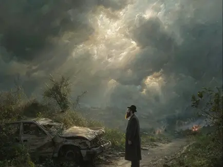 A bearded Orthodox Jewish man in traditional black attire stands solemnly beside a burned and crumpled car on a desolate road. The sky above is stormy and dramatic, with rays of sunlight piercing through the heavy clouds, casting a divine glow over the scene. The landscape appears war-torn, with faint signs of smoke and fire in the background, evoking a powerful sense of survival and spiritual reflection.