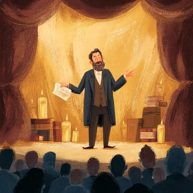 Charismatic Jewish businessman on stage with Yiddish theater curtains behind him, addressing an attentive audience with confident body language; subtle symbols of Jewish business--books, scrolls, candles--placed organically in the scene; rich colors, inviting light, thoughtful and expressive mood; no visible text or signage.
