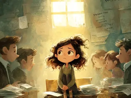 A whimsical watercolor-style painting of a classroom where a young girl with curly hair sits solemnly on a desk, surrounded by test papers, bathed in soft golden light from a window. Her classmates, depicted with exaggerated features, sit at desks with stacks of papers, glancing at her with mixed expressions. Hebrew writings and notices adorn the walls, creating a warm yet tense atmosphere of moral dilemma and quiet courage.