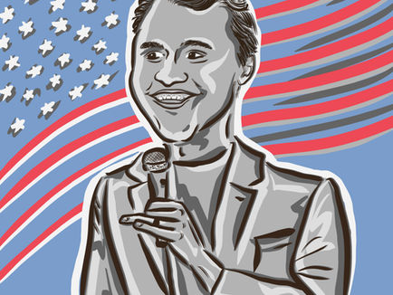 A stylized cartoon illustration of Charlie Kirk wearing a suit and holding a microphone, smiling confidently. The background features a waving American flag with blue, red, and white stripes and white stars, rendered in a dynamic, colorful design. The artist's signature "Sheind" is visible in the bottom right corner.