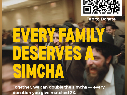 A fundraising poster with a warm yellow and brown color scheme featuring a blurred image of a joyful Orthodox Jewish crowd. The text reads, "Joy belongs to every family — not just those who can afford it," followed by "EVERY FAMILY DESERVES A SIMCHA" in bold yellow letters. Additional text states, "Together, we can double the simcha — every donation you give matched 2X," and "HELP US RAISE: $500,000" in a red box. A QR code with "Tap to Donate" is included in the top right corner, emphasizing the campaign's goal to make celebrations accessible to all families.