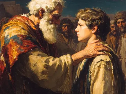 An elderly patriarch with a flowing white beard, dressed in a richly colored striped robe, tenderly places his weathered hand on the shoulder of a solemn teenage boy with soft features and sidelocks, gazing intently into his eyes. In the shadowed background, ten older brothers in simple tunics stand at a distance, their faces dimly lit and marked by quiet resentment. The scene is painted in warm, dramatic Rembrandt-style lighting with deep earthy tones, conveying profound love, favoritism, and brewing familial tension in ancient Israel.