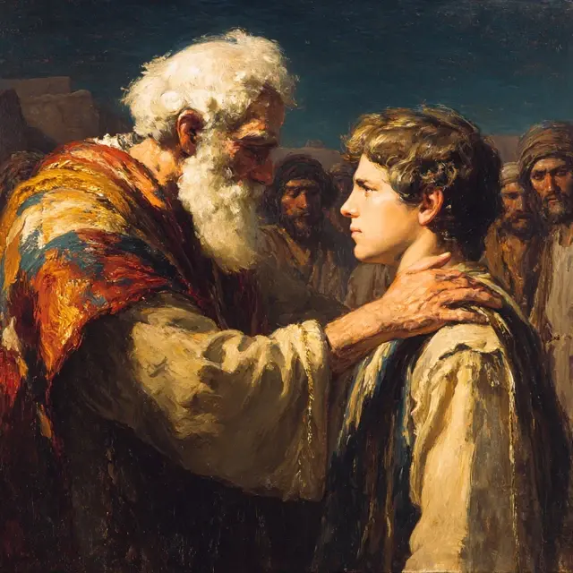 An elderly patriarch with a flowing white beard, dressed in a richly colored striped robe, tenderly places his weathered hand on the shoulder of a solemn teenage boy with soft features and sidelocks, gazing intently into his eyes. In the shadowed background, ten older brothers in simple tunics stand at a distance, their faces dimly lit and marked by quiet resentment. The scene is painted in warm, dramatic Rembrandt-style lighting with deep earthy tones, conveying profound love, favoritism, and brewing familial tension in ancient Israel.