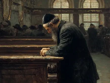 A somber painting depicting an elderly Orthodox Jewish man with a long beard, dressed in a worn black coat and kippah, collecting small coins on a wooden ledge in a dimly lit shul. The background features other congregants in traditional attire, seated and praying beneath arched windows with stained glass, creating a reverent and worn atmosphere.