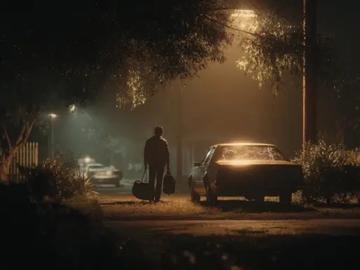 A dimly lit suburban street at night, with a lone figure standing beside a parked car holding two duffel bags. Streetlights cast a warm glow through overhanging trees, creating a moody, suspenseful atmosphere. Another car is faintly visible in the distance.
