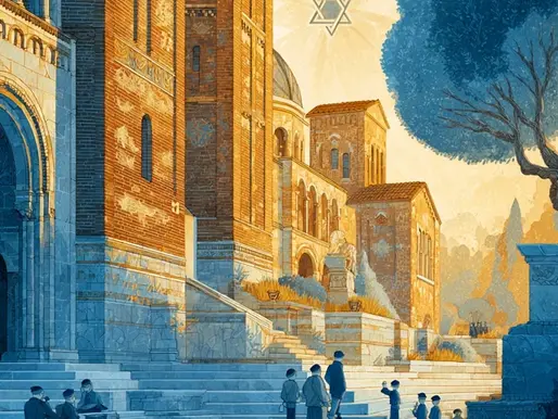 A serene scene at a UCLA-inspired campus with iconic brick buildings and the Janss Steps, bathed in warm golden-hour light. A glowing Star of David hovers above, symbolizing faith, as Jewish students and families gather on the steps, some learning Torah, others mentoring, with a large blue tree adding contrast. The detailed architecture and peaceful atmosphere evoke safety, community, and academic pride.