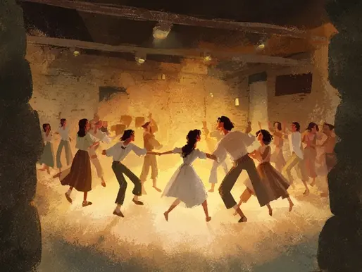 llustration of a lively vintage Israeli folk dance taking place indoors, with men and women dancing in a large circle. The warm glow of golden lights illuminates their joyful expressions and traditional-style clothing, creating a nostalgic and festive atmosphere. The dancers move rhythmically in unison on a wooden floor surrounded by rustic stone walls.