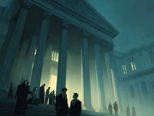 A moody, atmospheric illustration of a grand courthouse with towering columns, shrouded in a greenish mist at dusk. Silhouetted figures in suits ascend and descend the wide stone steps, with two prominent men in the foreground engaged in conversation. A faint light emanates from the entrance, casting an eerie glow, while the structure’s classical architecture looms ominously, evoking tension and the weight of justice.