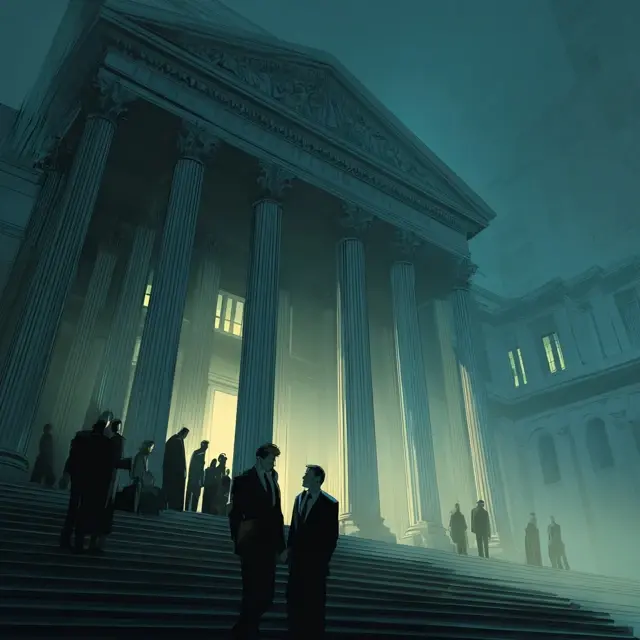 A moody, atmospheric illustration of a grand courthouse with towering columns, shrouded in a greenish mist at dusk. Silhouetted figures in suits ascend and descend the wide stone steps, with two prominent men in the foreground engaged in conversation. A faint light emanates from the entrance, casting an eerie glow, while the structure’s classical architecture looms ominously, evoking tension and the weight of justice.