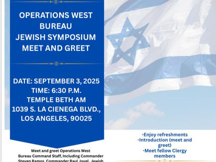 A screenshot of a PDF document titled "Jewish Symposium 9-3-25" (1.1 MB) displayed on a mobile device at 9:26, showing 87% battery and Wi-Fi connection. The document is an invitation to a "Operations West Bureau Jewish Symposium Meet and Greet" on September 3, 2025, at 6:30 P.M. at Temple Beth Am, 1039 S. La Cienega Blvd., Los Angeles, 90025. The design features the Operations West Bureau logo on a blue background and an image of the Israeli flag with a Star of David. The event includes meeting Operations West Bureau staff, including Commander Steven Ramos, Commander Raul Jovet, Jewish Liaison Commander Jonathan Tom, and others, with activities like refreshments, introductions, meeting clergy, understanding hate crimes, and discussing the Hollywood Plan. RSVP contact is Senior Lead Officer Pete Ojeda at 36393@lapd.online. An "Open M365 Copilot" option is visible at the bottom.