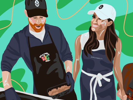 Colorful, stylized illustration of Prince Harry and Meghan Markle volunteering together at Our Big Kitchen Los Angeles (OBKLA). Harry, wearing a black cap and navy shirt under a black apron labeled "Our Big Kitchen," focuses intently on rolling cookie dough. Meghan, smiling warmly in a white cap and navy apron labeled "ARCHWELL," stands beside him. The background features vibrant green abstract leaves and swirling lines, evoking a lively, joyful atmosphere of service and community. Signed by artist Sheina.