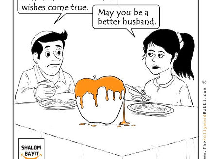 A humorous black-and-white cartoon featuring a man and a woman sitting at a table, sharing a Rosh Hashanah meal with an apple dipped in honey. The man, wearing a kippah, says, "May all your New Year's wishes come true," while the woman responds, "May you be a better husband." The apple drips honey onto the table, and a logo in the bottom left corner reads "HALOM BAYIT" with a flame icon. The artist's website, www.thehollybayit.com, is noted in the bottom right corner.