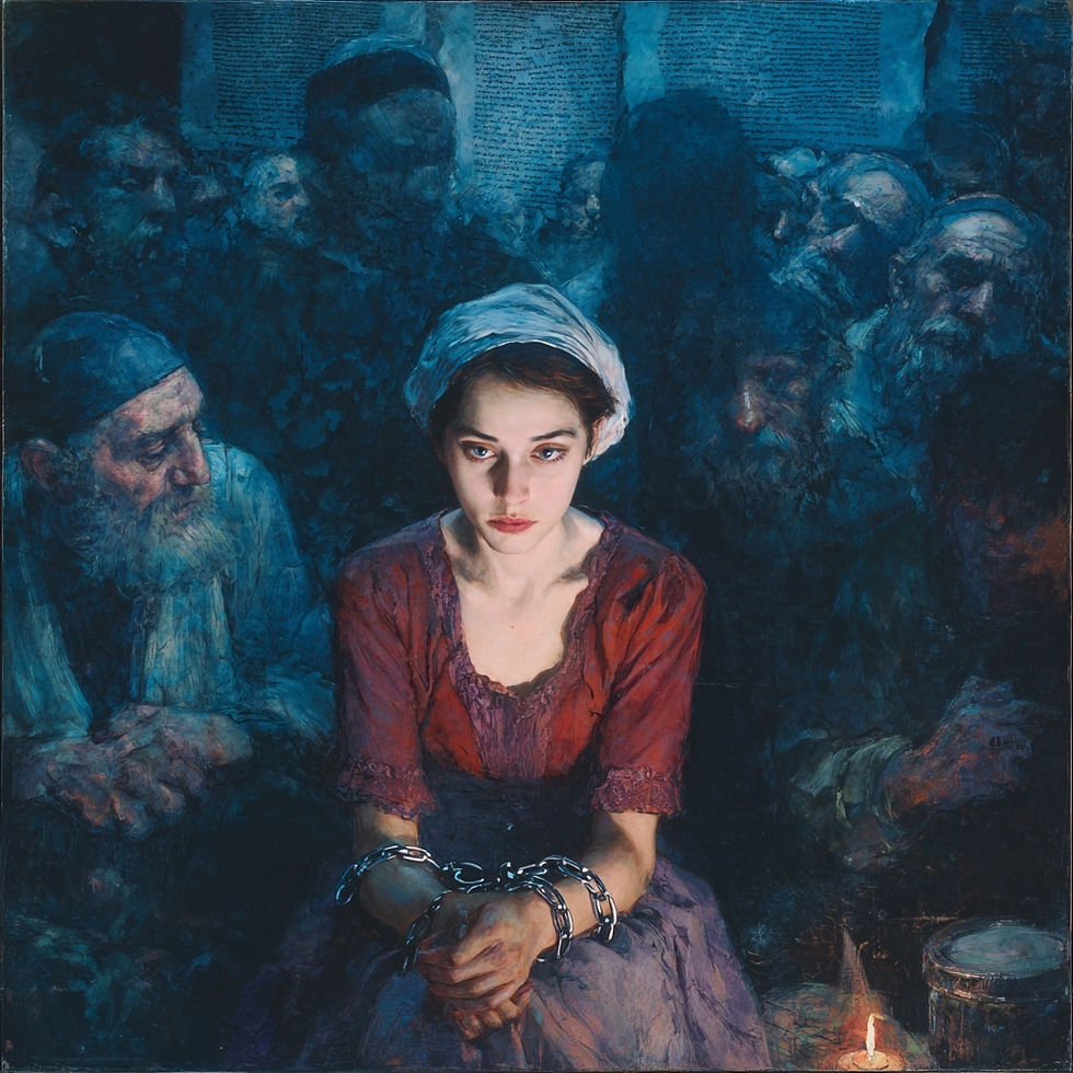 A young Jewish woman in modest dress and headscarf sits chained at the wrists, her face illuminated by a single candle’s flickering light. Behind her, a crowd of shadowy bearded men in traditional attire loom with judgmental expressions, their forms blending into walls covered with faint Hebrew text. Painted in haunting deep blues and reds, the dramatic scene powerfully symbolizes the isolation and entrapment of an agunah surrounded by community scrutiny.