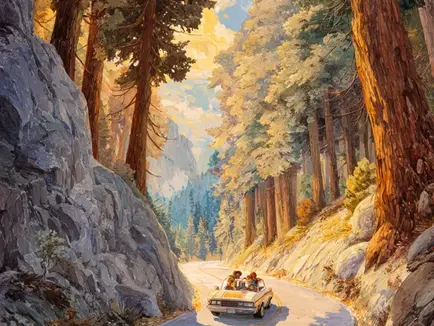 A winding mountain road leading to Sequoia National Park, a family car with kids smiling inside, surrounded by towering trees and golden sunlight, blending into a warm Rosh Hashana scene with a shofar and apples, symbolizing hope and perspective, detailed, earthy tones, uplifting atmosphere