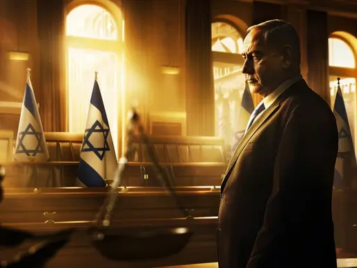 A dramatic, cinematic portrait of Benjamin Netanyahu standing alone in a dimly lit Israeli courtroom at golden hour. Warm sunlight streams through arched windows, illuminating multiple Israeli flags behind the judge’s bench. In the foreground, the scales of justice sit slightly out of focus on the wooden desk, casting long shadows. Netanyahu, in a dark suit, gazes intently into the distance with a solemn and resolute expression. The atmosphere is heavy with symbolism of justice, national burden, and quiet determination. Photorealistic, highly detailed, epic lighting.