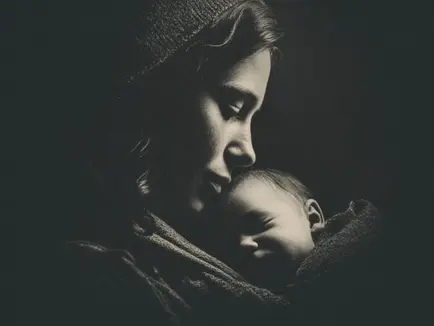 A black-and-white photograph featuring a tender moment of a woman gently cradling a sleeping baby against her chest. The woman wears a knitted cap and a soft shawl, her face partially illuminated in a warm, focused light against a dark background, highlighting her serene expression. The baby, wrapped in a cozy blanket, rests peacefully, with only its face visible. The dramatic contrast and soft lighting create an intimate, emotional atmosphere.