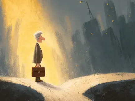 An elderly businessman with white hair, wearing a suit and holding a leather briefcase, stands at a glowing crossroads under a dramatic sky. One path bathes in warm golden light, the other fades into a dark, shadowy cityscape. The scene symbolizes a pivotal choice between security and significance, inspired by Abrahamâs Lech-Lecha journey.
