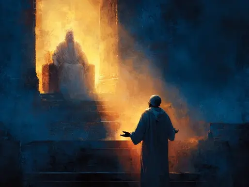 A dramatic biblical scene in deep shadows and glowing golden light: A lone figure in a flowing hooded robe stands at the bottom of wide stone steps, arms outstretched in a gesture of approach and supplication. Above him, on a raised throne within a grand ancient doorway or hall, sits a majestic, bearded elder bathed in radiant warm light, his face illuminated as if revealing a profound truth. The contrast between the cool blue darkness of the foreground and the intense orange-gold radiance pouring from the enthroned figure creates a powerful sense of revelation, courage, and sacred encounter.
