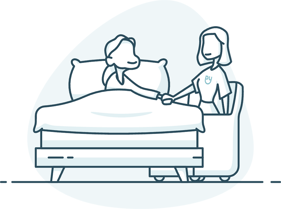 Illustration von zwei Menschen. Eine ältere Dame liegt in ihrem Bett. Neben ihr sitz eine jüngere Frau, die bei einem ambulanten Pflegedienst arbeitet, in einem Sessel und hält ihre Hand. Es wird die Leistung für Palliativversorgung dargestellt.