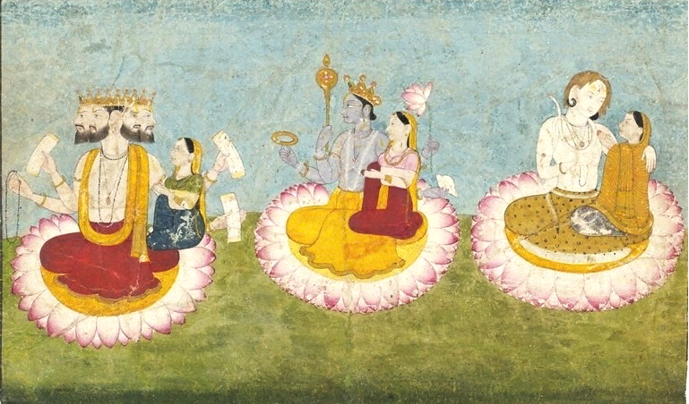 Figura 1 – A trindade Hindu e suas esposas, representando a indissociabilidade dos princípios Masculino e Feminino. No centro vemos Vishnu e Laksmi