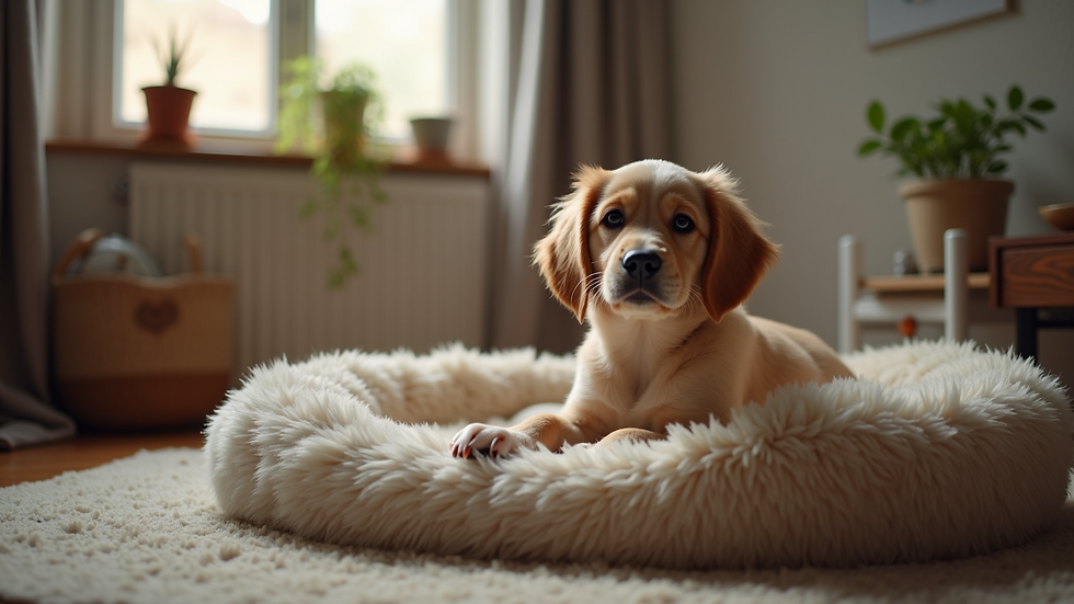 High angle view of a cozy puppy bed in a quiet corner of a living room