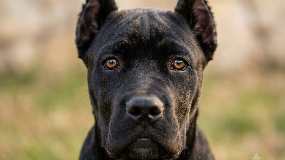 Close-up view of a Cane Corso puppy’s face with bright eyes and alert expression