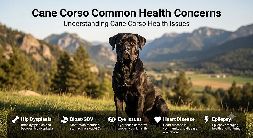 Eye-level view of a Cane Corso sitting calmly in a grassy yard