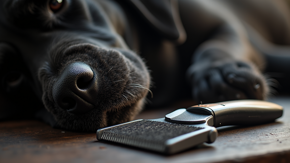 Close-up view of grooming tools next to a Cane Corso's shiny coat