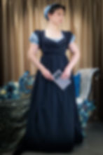 Emma Regency Gown in black jacquard stripe with Emma silk petticoat underneath