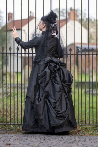 1880s MOURNING GOWN, Gothic Victorian Bustle Costume Blue Lady