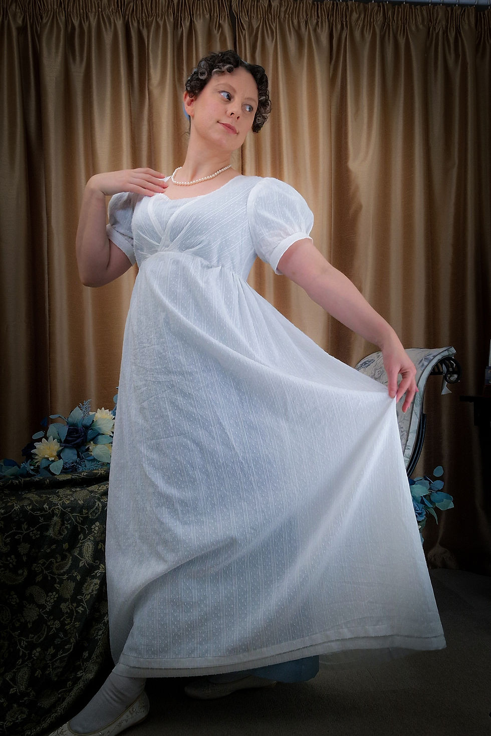 Thumbnail: Regency Gown in white dobby stripe over blue Emma Petticoat