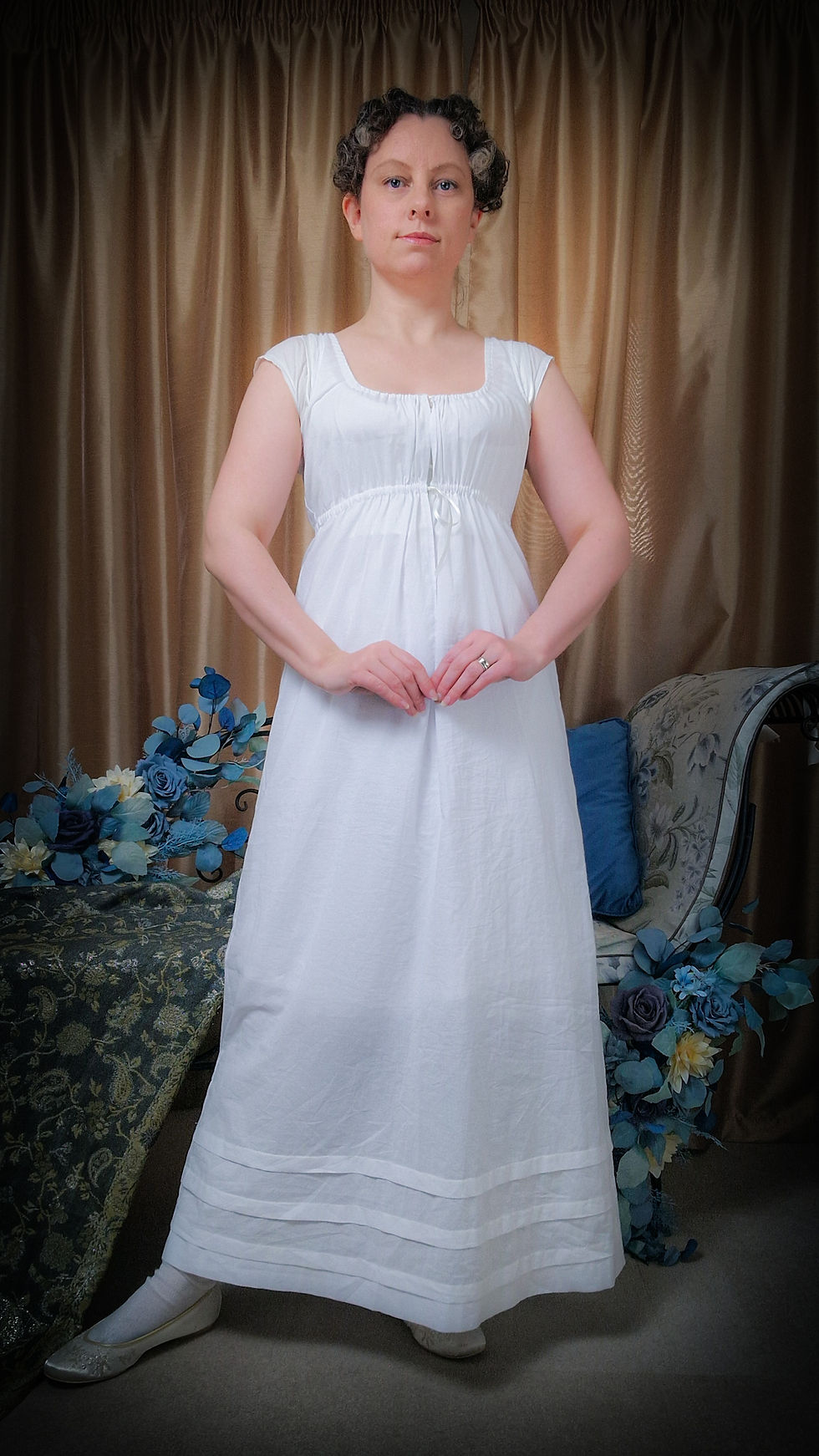 Thumbnail: Lady wears Lizzie Bodiced Regency Petticoat in white cotton lawn