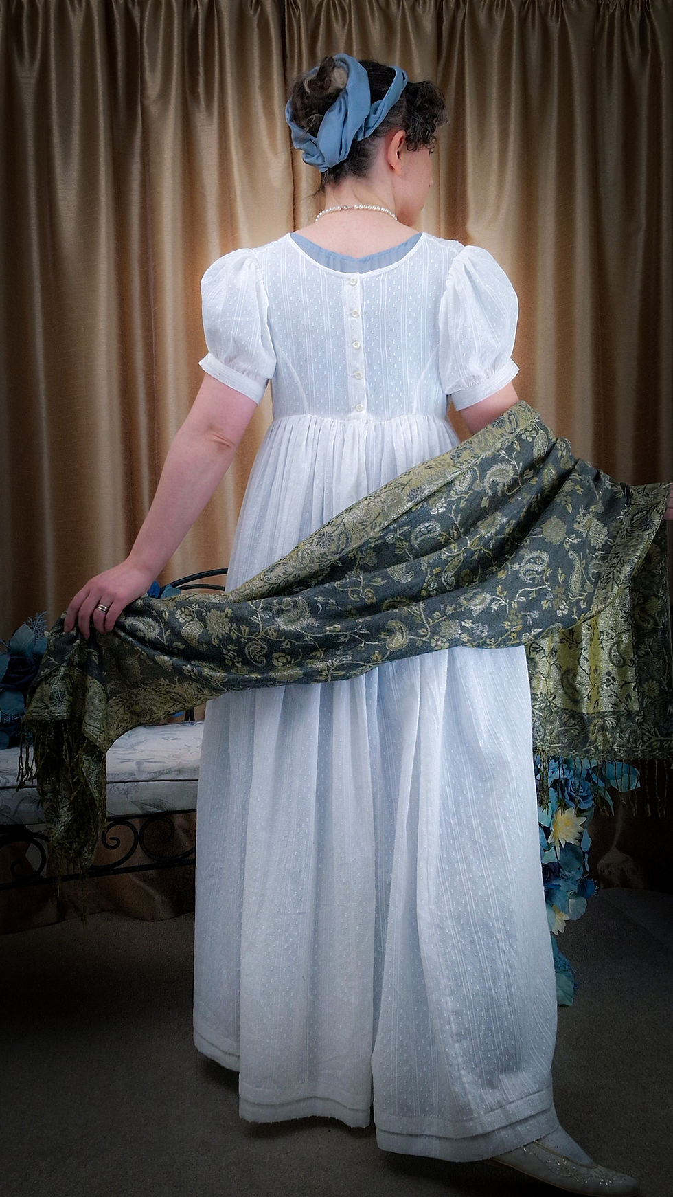 Thumbnail: Regency Gown in white dobby stripe over blue Emma Petticoat