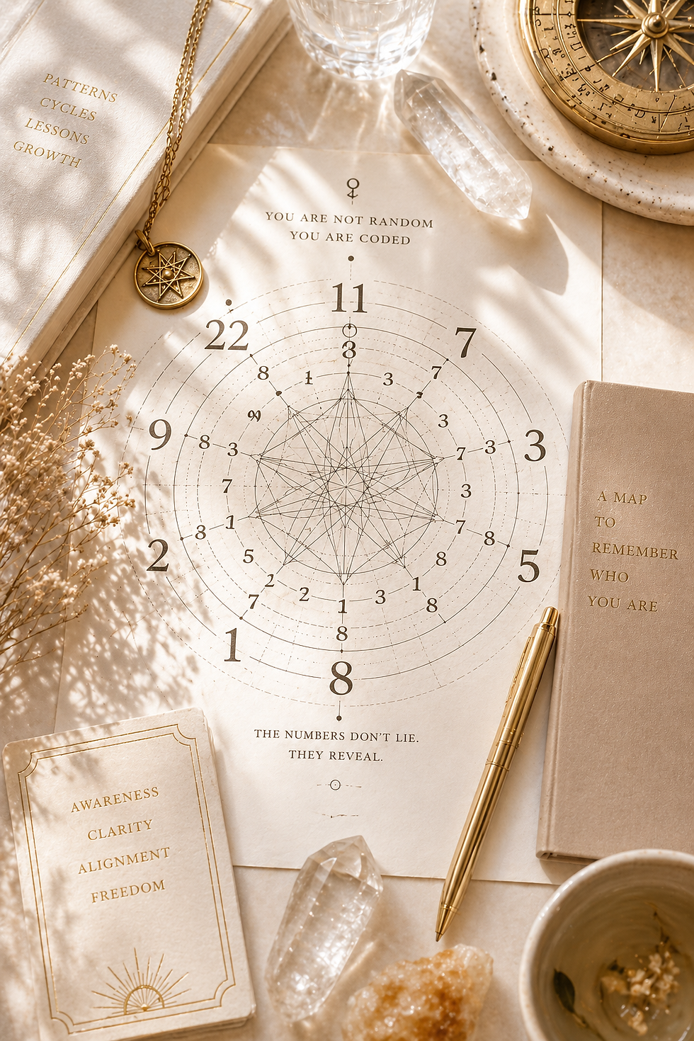 Sunlit flat lay of a numerology chart with crystals, notebook, and soft natural light, symbolizing clarity, self discovery, and personal insight